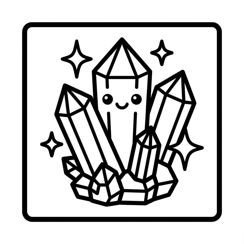 Smiling crystals with sparkles, ideal for easy coloring pages for toddlers and simple thick line art.